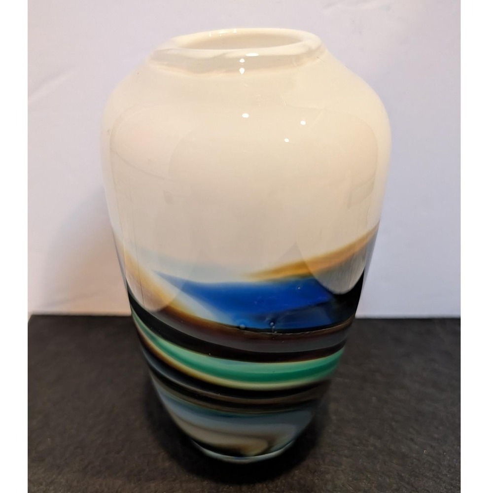 Vintage 1981 Signed R Stephens Studio Art Glass Vase Abstract Landscape Decor 7" - Picture 11 of 12